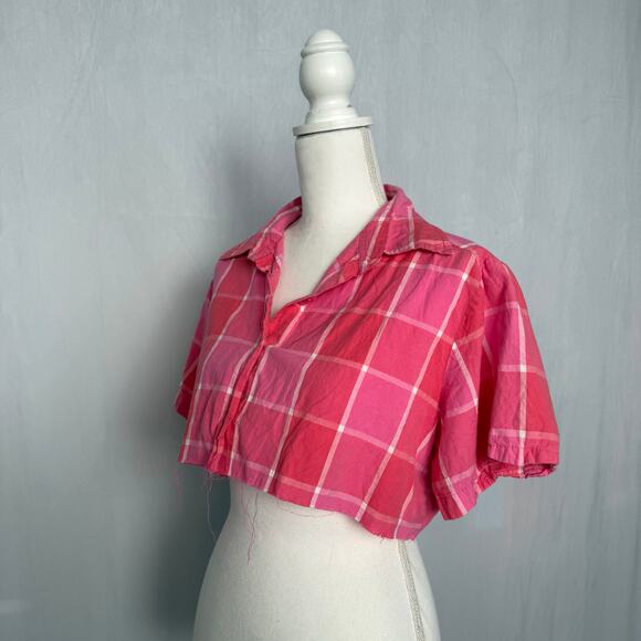 Upcycled Vintage Citicraze Pink Plaid Cropped Button Up Shirt, Size Large - Picture 3 of 8